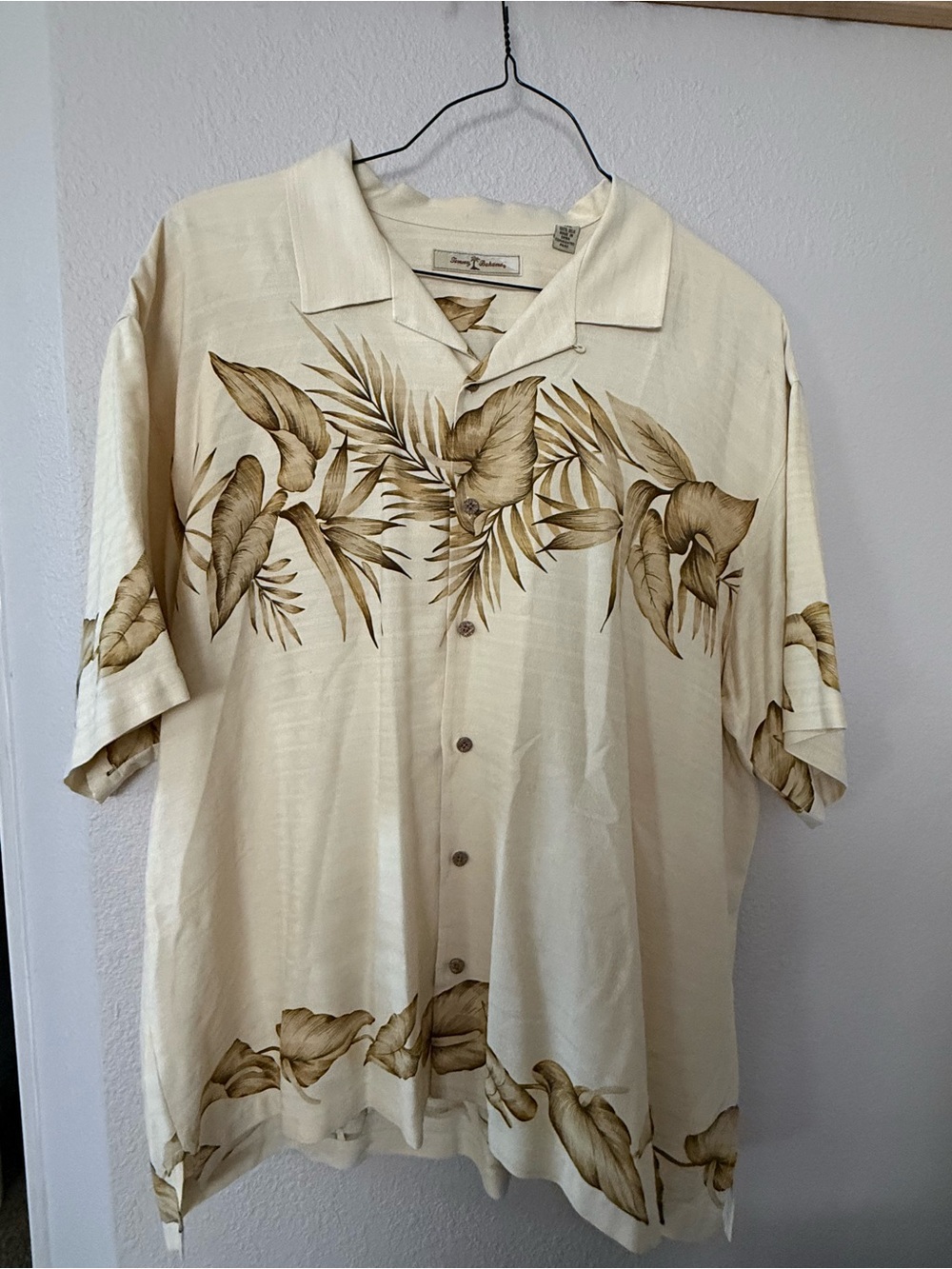 Tommy Bahama Cream and Brown Tropical Camp Shirt 2XL Silk